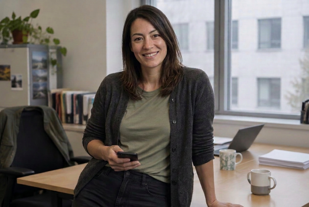 Lea leaning against her desk, looking into the camera with an open, relaxed expression