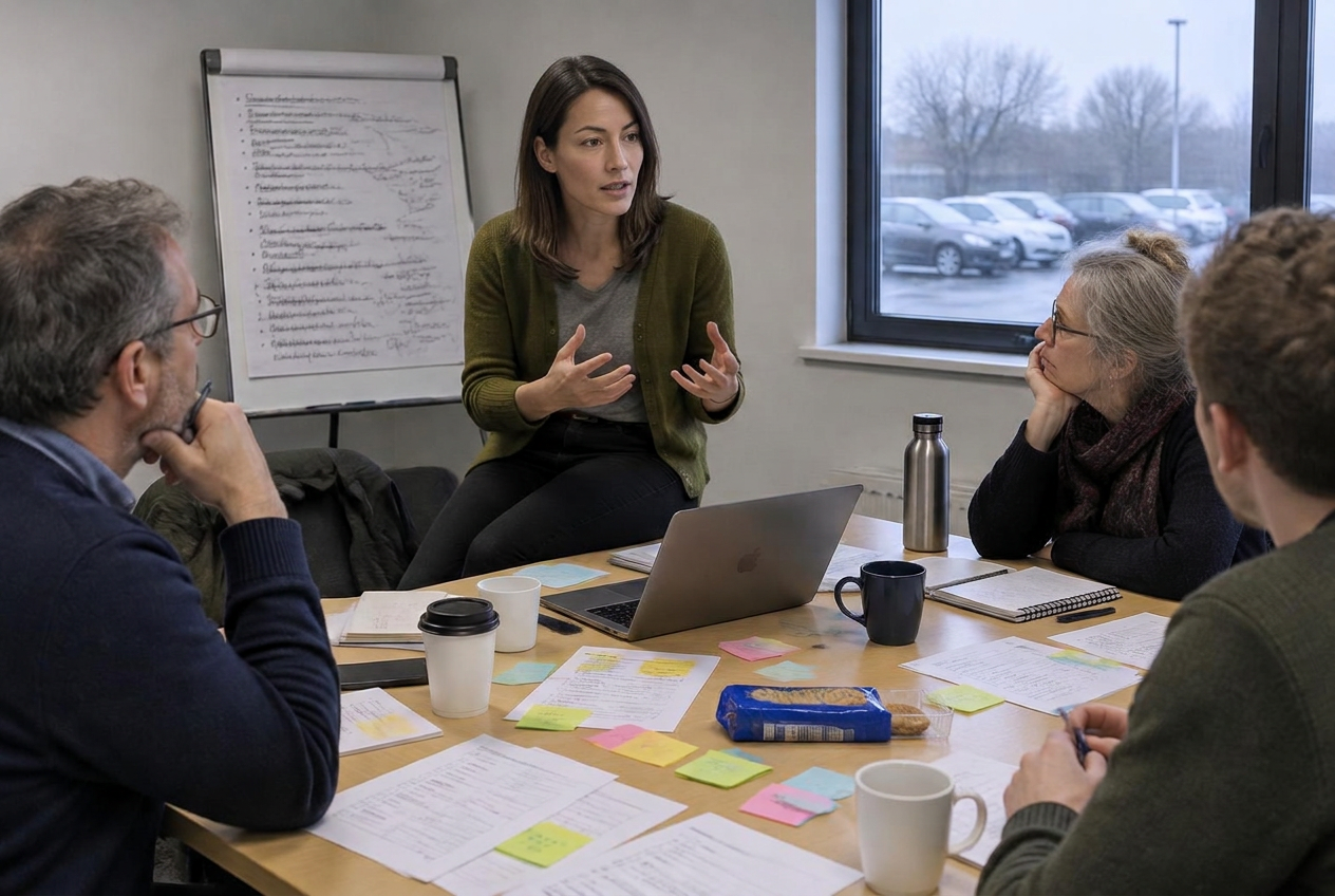 Lea facilitating an ISO workshop with scattered checklists and crossed-out flipchart notes