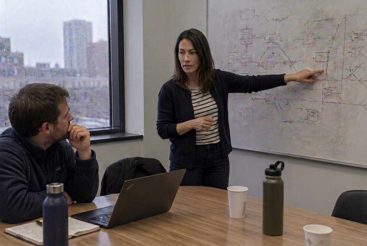 Lea at a whiteboard covered in a marked-up architecture sketch, an IT colleague listening
